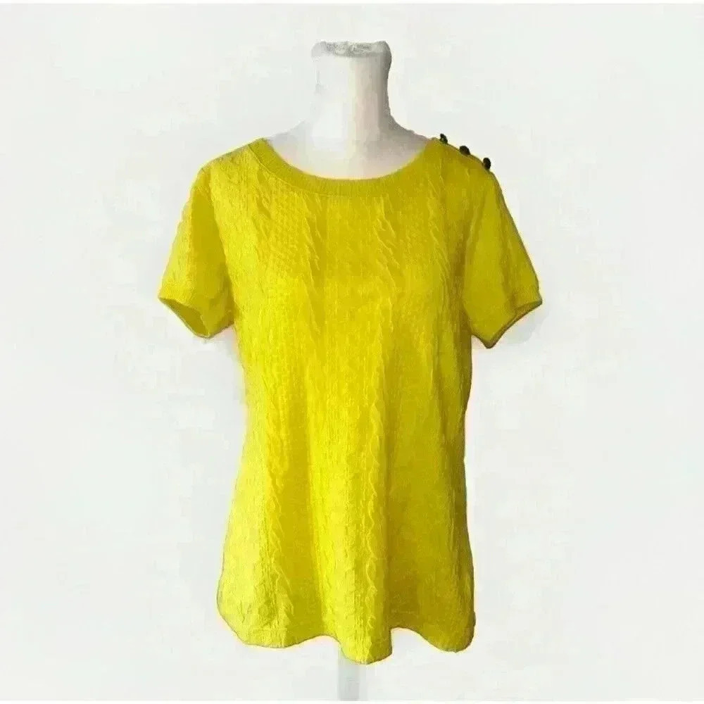 Lands End Womens Medium Top Sweater Short Sleeve Cable Knit Yellow Button